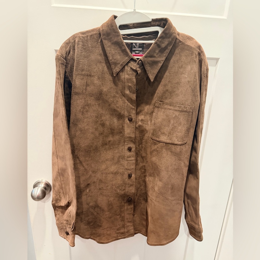 New Frontier XL Genuine Leather Shirt Jacket Brown Button Front Shacket